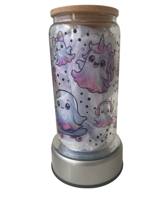 Friendly Ghost - 16oz Glass Can Tumbler with Lid & Straw  Pre-Made Printed Designs