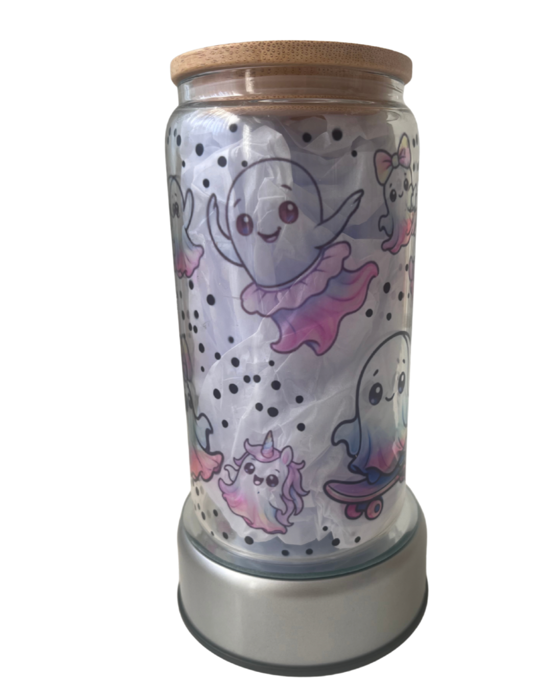 Friendly Ghost - 16oz Glass Can Tumbler with Lid & Straw  Pre-Made Printed Designs